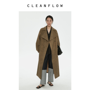 卡其炒色高支长绒棉轻薄大翻领宽松超长风衣春外套女 CLEANFLOW