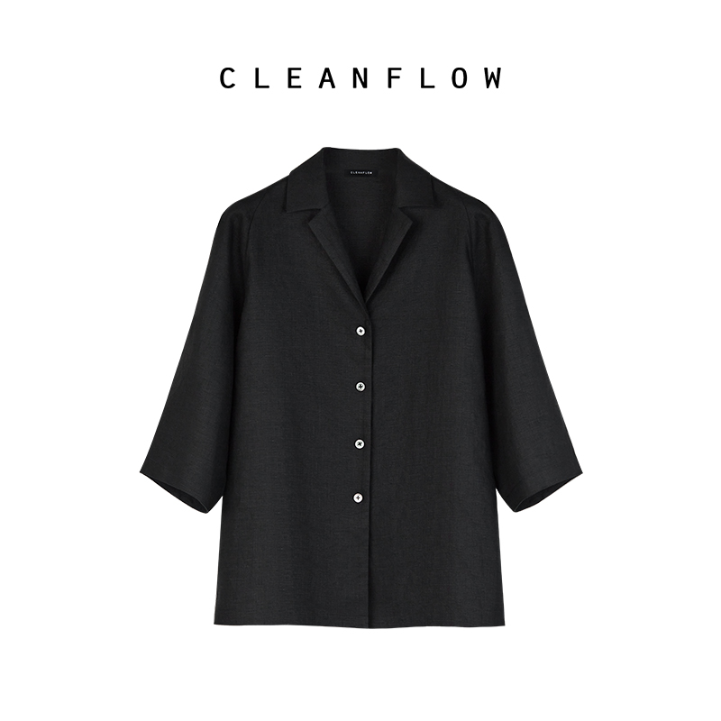 CLEANFLOW | 10s重磅纯亚麻插肩袖古巴领七分袖衬衣衫女夏季新款 女装/女士精品 衬衫 原图主图