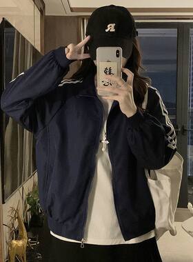 美式立领三条杠夹克外套女春秋款薄款美式秋季棒球服初秋上衣女款