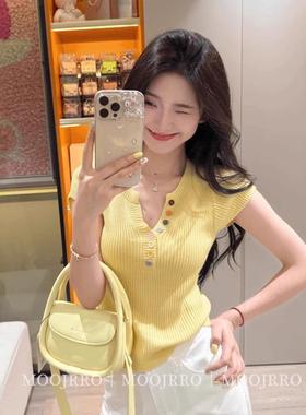 黄色V领短袖针织衫女夏季纯欲气质清纯系掐腰显瘦小个子短款上衣
