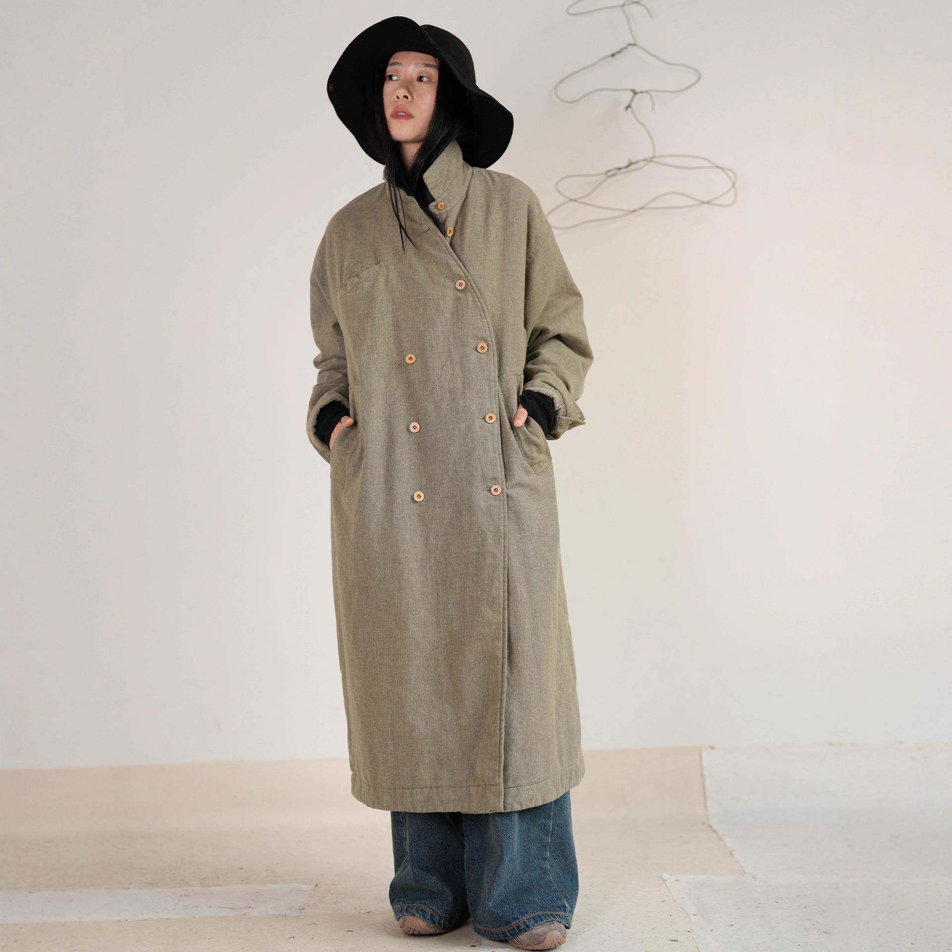 棉服外套女秋冬天丝苎麻长款棉衣保暖复古做旧大衣慵懒风C0935