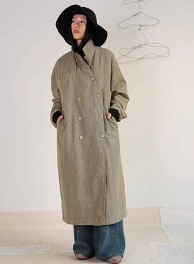 棉服外套女秋冬天丝苎麻长款棉衣保暖复古做旧大衣慵懒风C0935