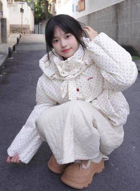 甜美温柔可爱红色波点连帽棉服外套女加厚冬季面包服外穿防寒棉衣