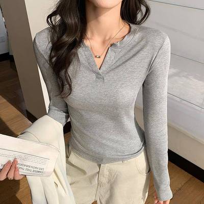 K2301V领打底衫女早秋冬季螺纹修身显瘦T恤内搭气质辣妹长袖上衣