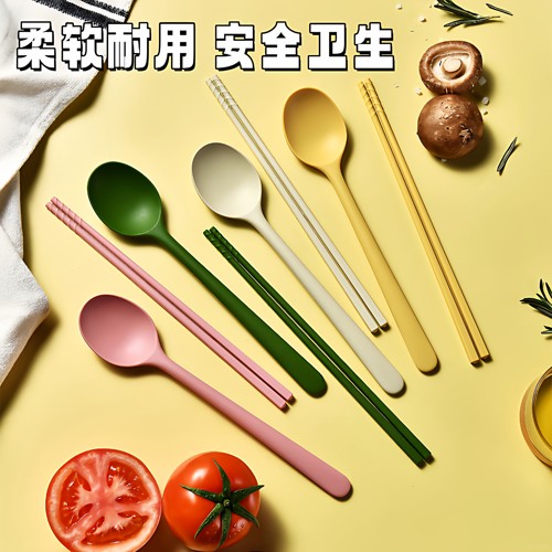 硅胶筷子勺子餐具两件套家用防滑彩色硅胶餐具外带便携式
