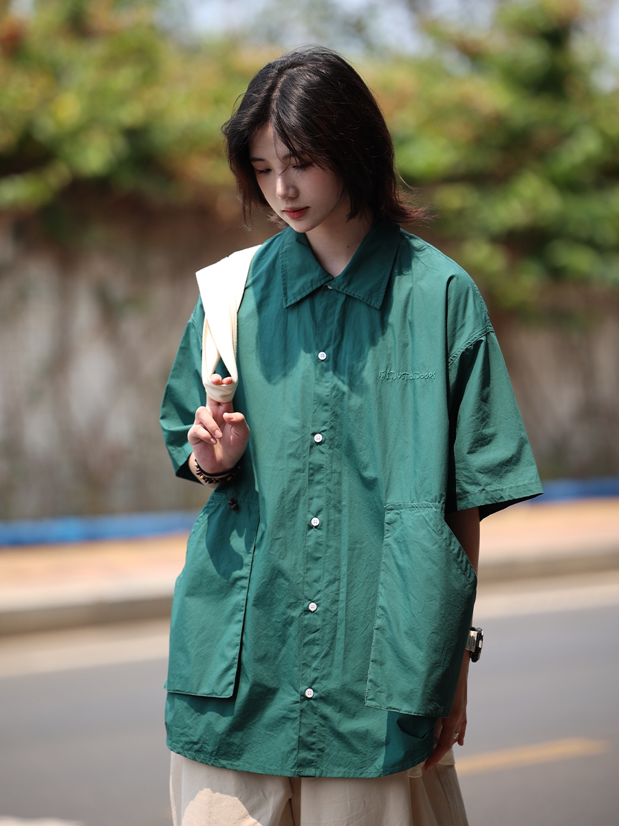 你初恋老王日系复古短袖工装衬衫男夏季休闲宽松口袋半袖衬衣外套
