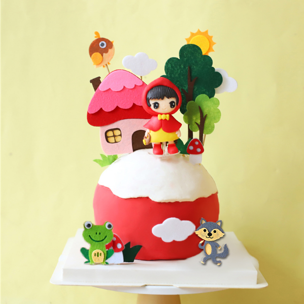 卡通儿童生日蛋糕装饰摆件软陶红帽女孩毛毡森林蘑菇房子动物插牌