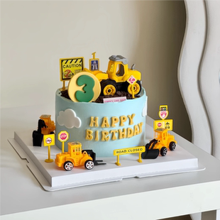 饰摆件工程车推土机起重机儿童烘焙摆件 吊机挖土机卡通生日蛋糕装