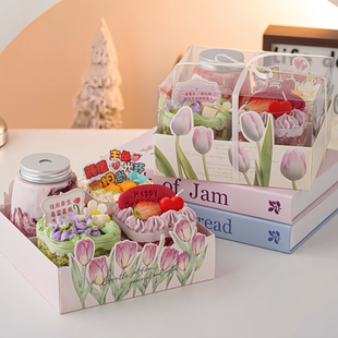 2026女神节四宫格甜品盒蛋糕装 饰插件母亲节日伴手礼透明手提袋