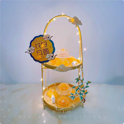 中秋节双层果冻竹篮中秋塔手提蓝烘焙中秋节月兔花好月圆蛋糕插牌
