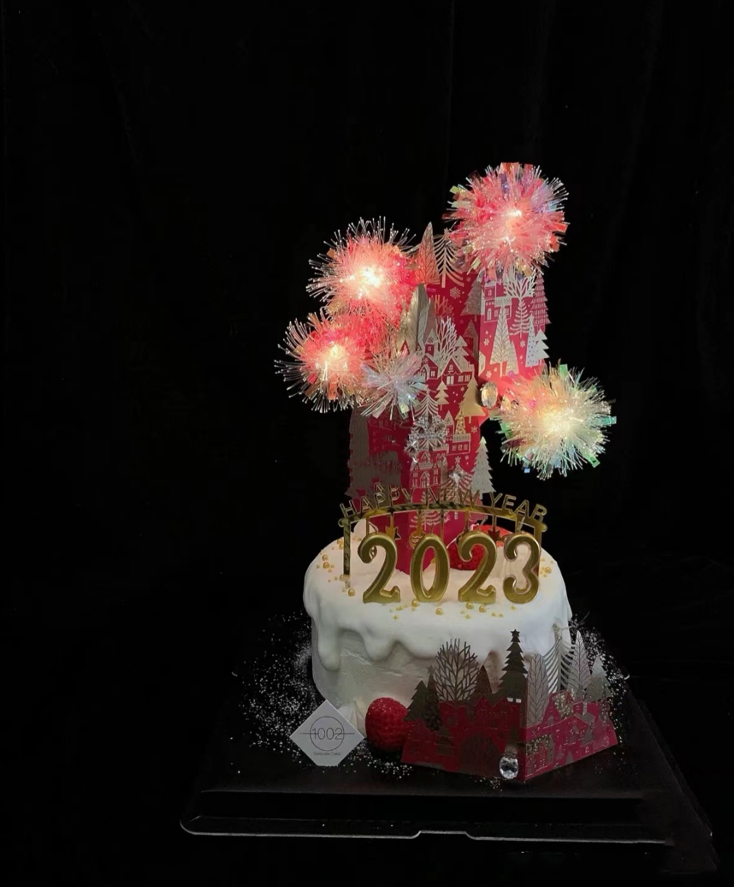 网红抖音同款新年2023春节立体镂空城堡烫金璀璨灯光蛋糕装饰摆件