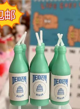 韩国ins复古薄荷绿酒瓶生日蜡烛蛋糕装饰摆件韩文绿色啤酒瓶蜡烛