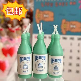 韩国ins复古薄荷绿酒瓶生日蜡烛蛋糕装 饰摆件韩文绿色啤酒瓶蜡烛