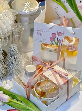 3.8女神节方形4宫格甜品盒女神节快乐蛋糕装饰插牌大号甜品手提袋