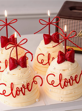 520情人节许愿树蛋糕装饰亚克力红色love插牌立体皮质蝴蝶结摆件