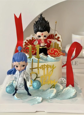 网红哪吒卡通人物生日蛋糕装饰摆件混天绫飘带风火轮儿童生日插件