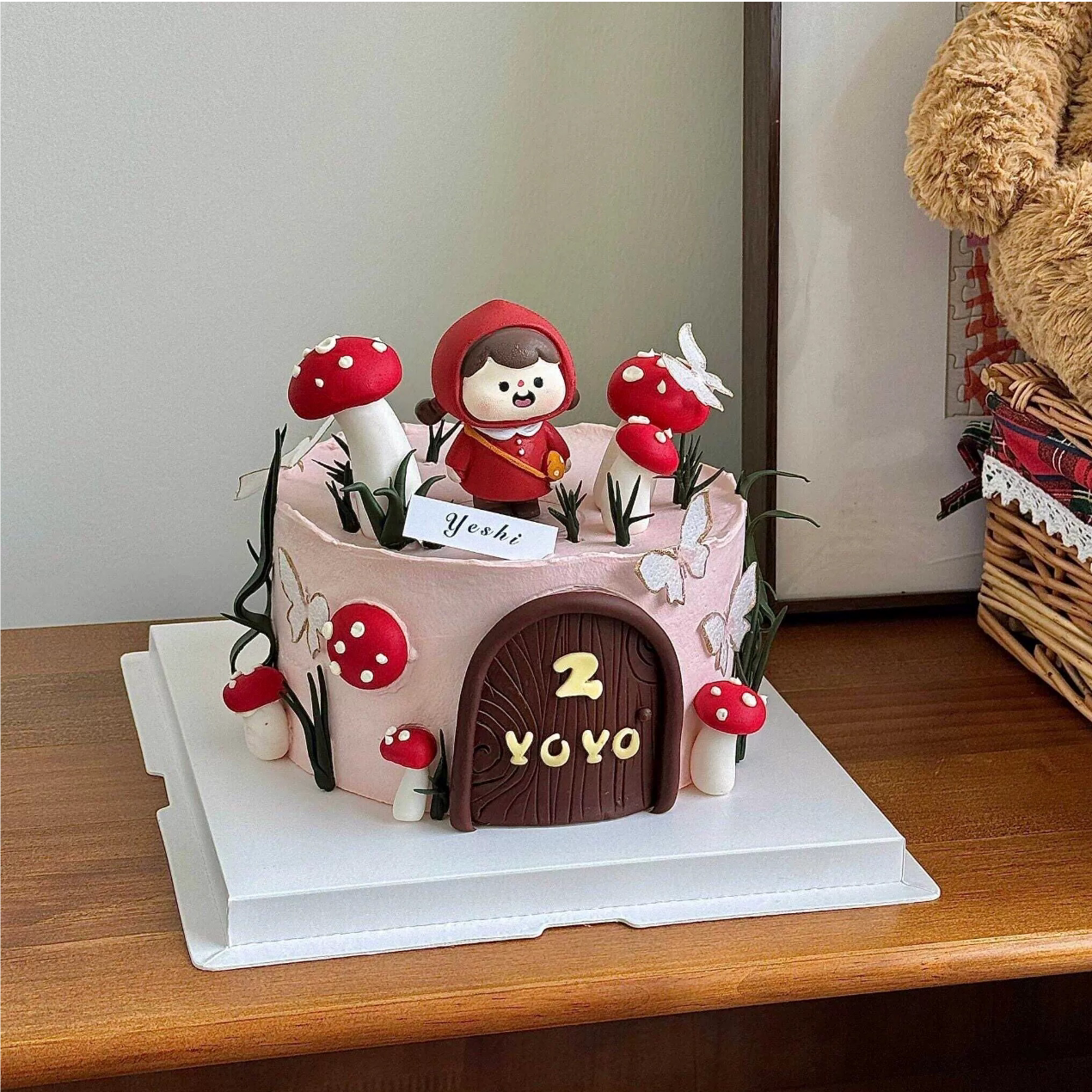 蘑菇女孩女宝宝生日蛋糕装饰摆件森林系小红帽卡通蘑菇仙人掌插件