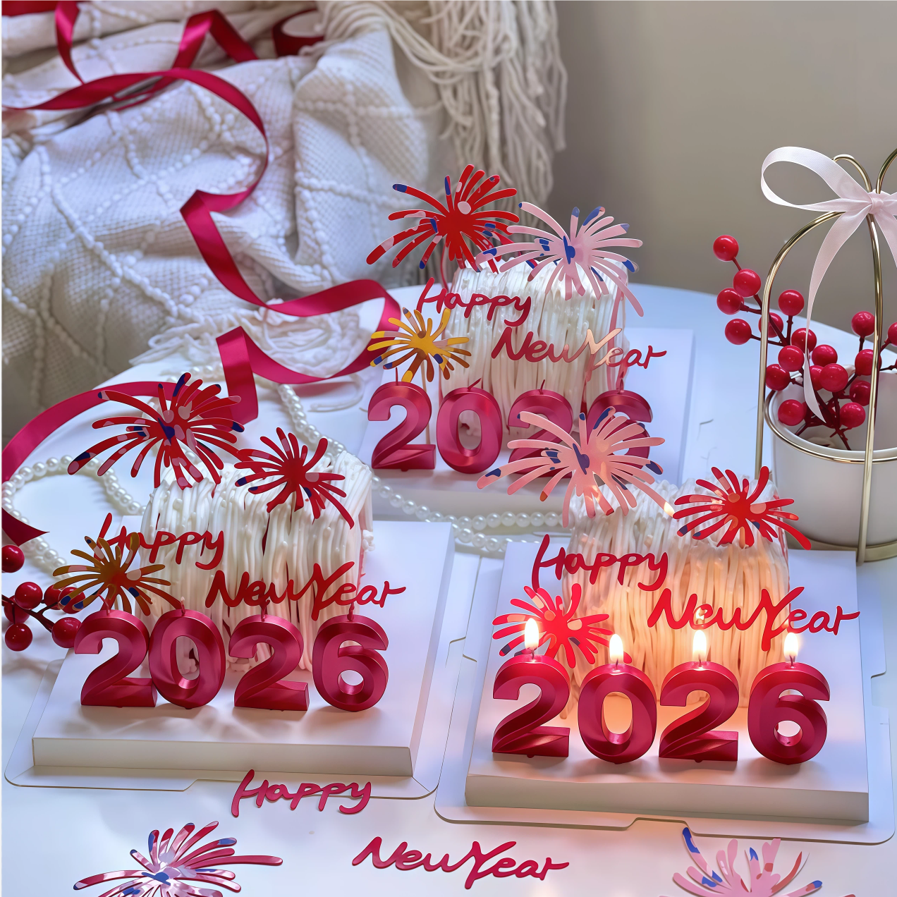 新年跨年红色钻石2026数字蜡烛蛋糕装饰摆件亚克力红色粉色大礼花