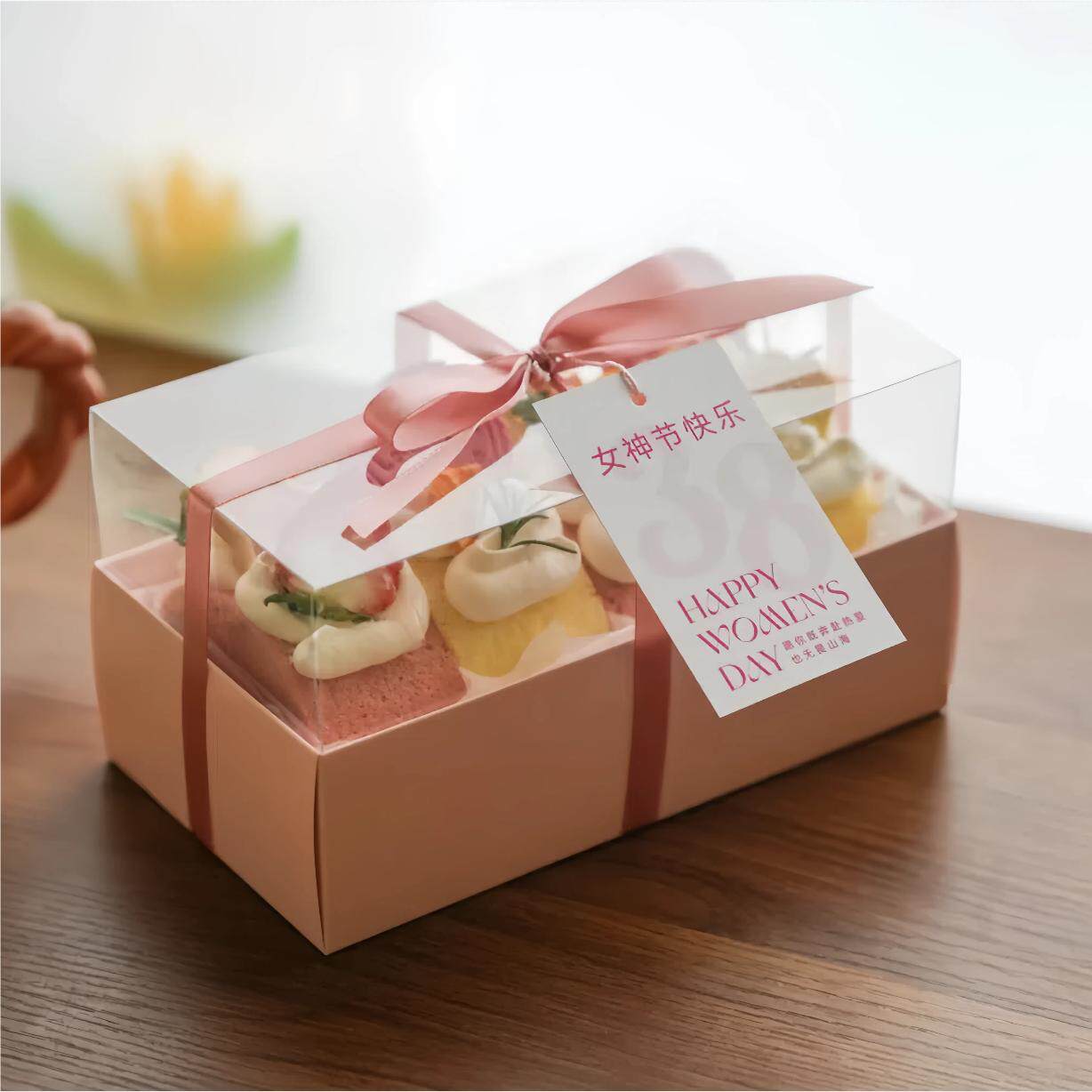 3.8女神节透明长条蛋糕卷包装盒毛巾卷瑞士卷千层蛋糕甜点打包盒