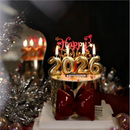 2026元 饰金色气球数字蜡烛皮质红蝴蝶结摆件 旦跨年金色蛋糕围边装