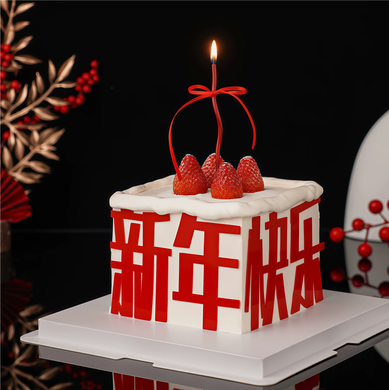 春节元旦2026跨年亚克力新年快乐草莓蛋糕装饰红色蜡烛甜品插件