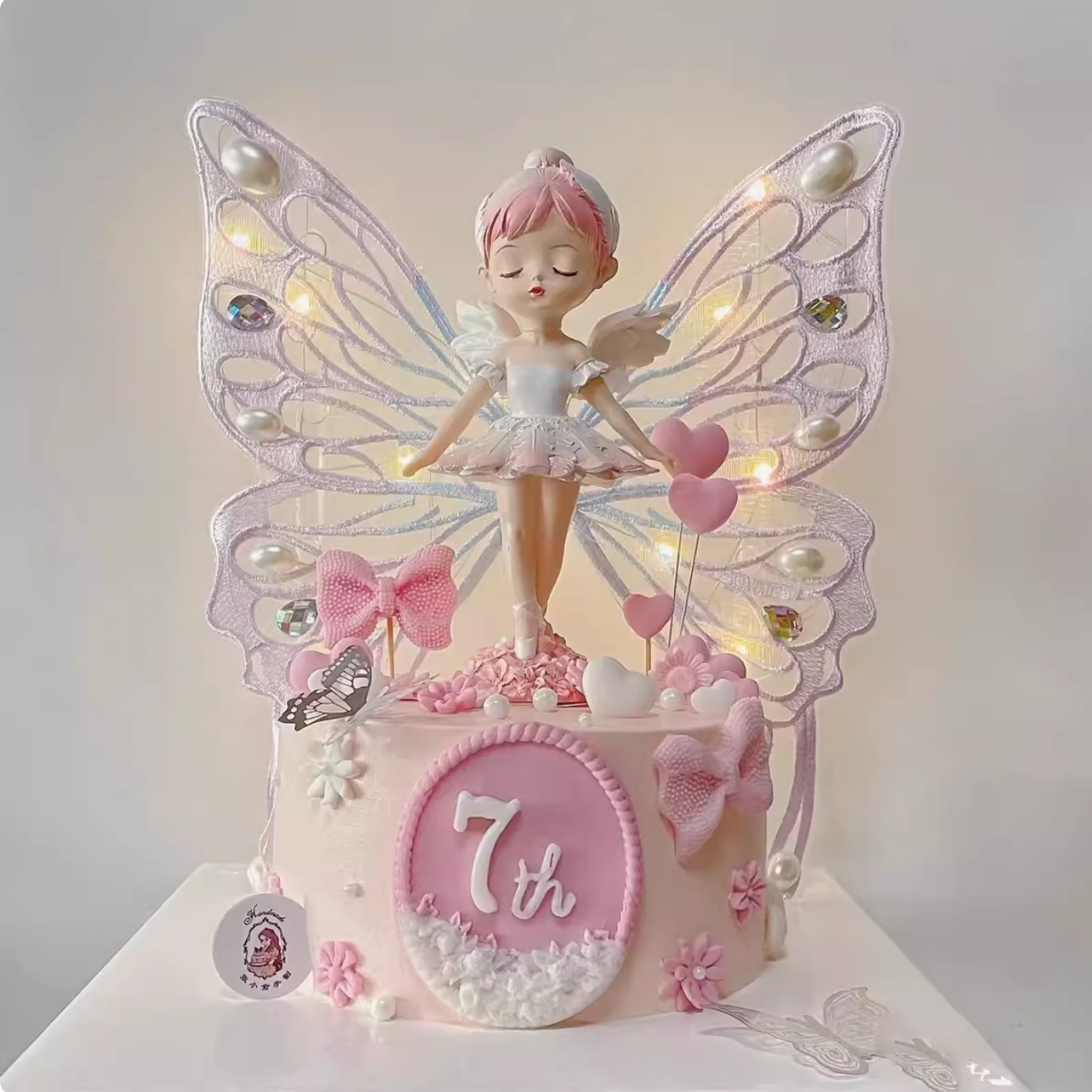 天使贝拉公主生日蛋糕装饰摆件芭蕾舞裙女孩刺绣大蝴蝶带灯烘焙