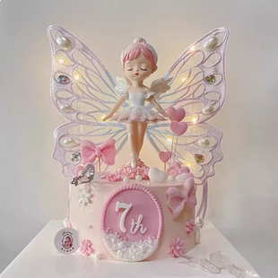 天使贝拉公主生日蛋糕装 饰摆件芭蕾舞裙女孩刺绣大蝴蝶带灯烘焙