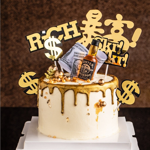 网红生日蛋糕装饰金色字母插件英文rich$流行词暴富全村最帅插牌
