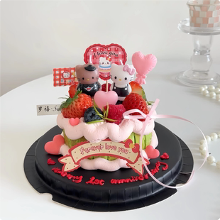网红2.14情人节情侣kt猫咪蜡烛蛋糕装饰摆件情侣纪念日巴斯克甜品