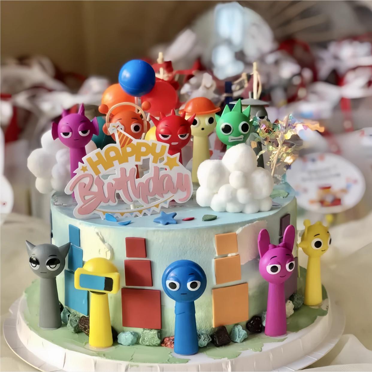 儿童男孩卡通节奏盒子生日蛋糕装饰摆件彩虹生日快乐云朵气球插件