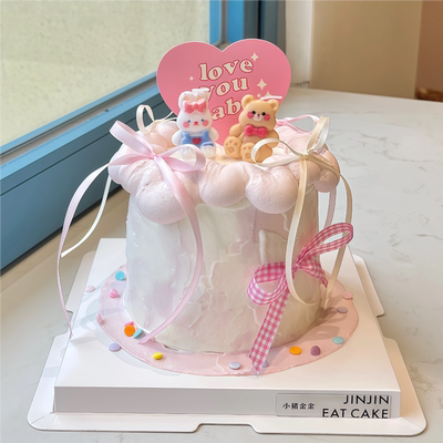 2.14情人节蝴蝶结小熊蓝色小兔蜡烛蛋糕装饰摆件粉白爱心love插件