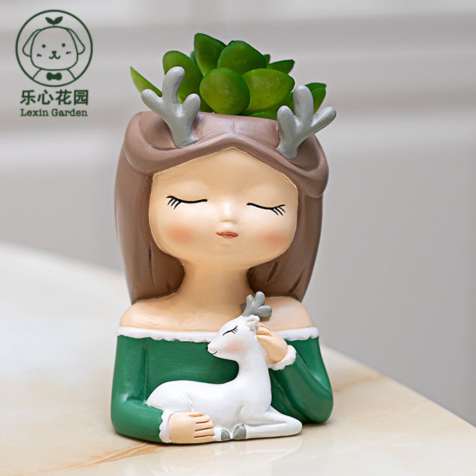 鹿精灵可爱卡通创意多肉花盆个性小号小口径树脂盆栽桌面摆件