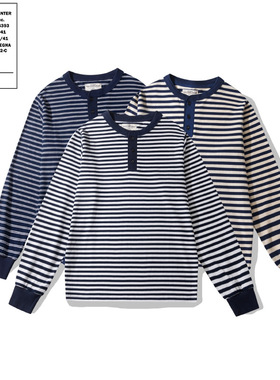 OKONKWO 300克重磅纯棉长袖条纹亨利领T恤甲板海魂衫henry shirt