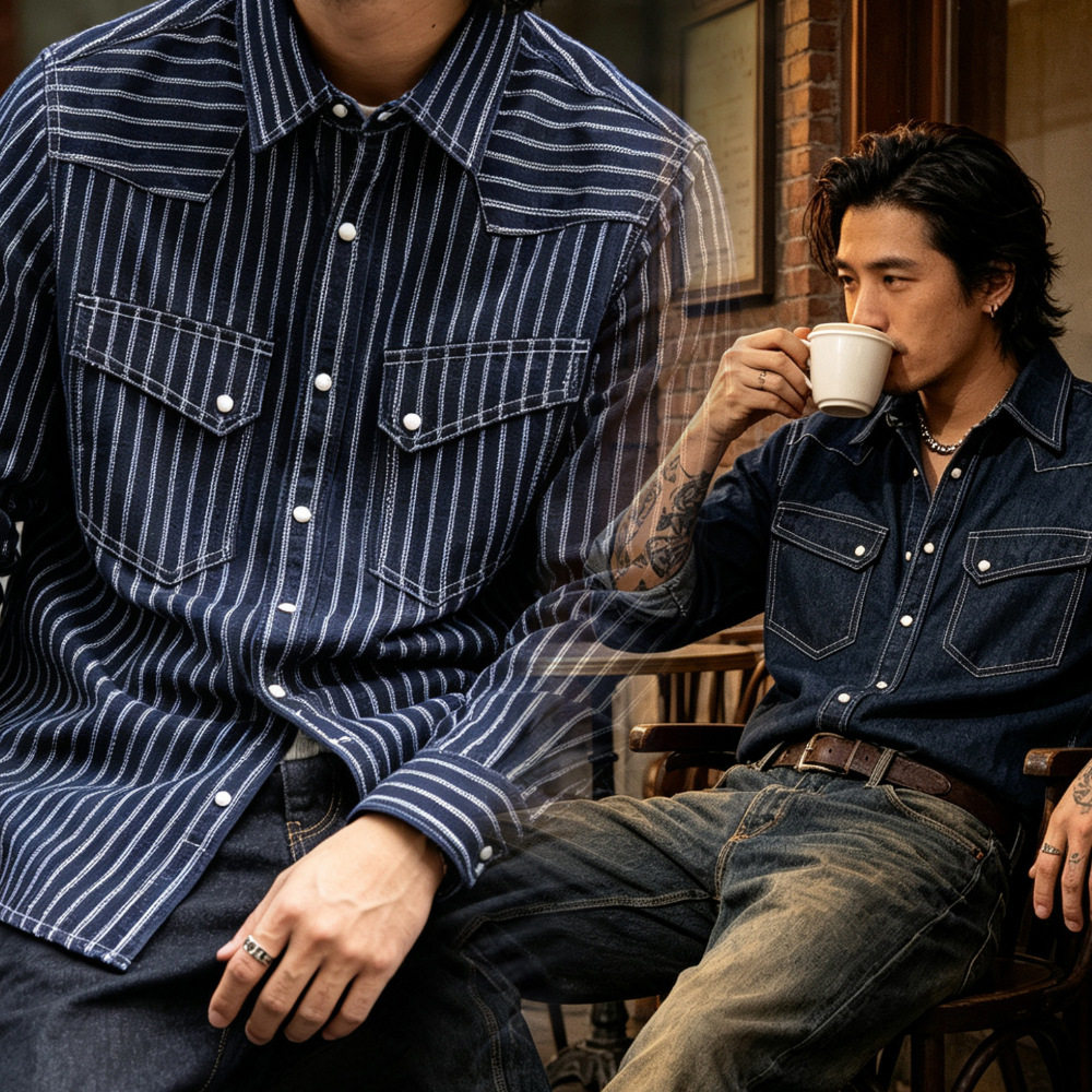 OKONKWO Wabash 西部条纹牛仔衬衫原色牛仔丹宁衬衣Western Shirt