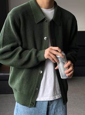 秋冬墨绿色翻领针织衫开衫外套男宽松慵懒风毛衣韩版男装潮流休闲