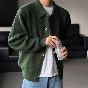 秋冬墨绿色翻领针织衫开衫外套男宽松慵懒风毛衣韩版男装潮流休闲