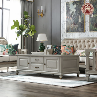 林恩美式实木茶几美式田园轻奢风客厅家具长方形茶几多功能储物M0