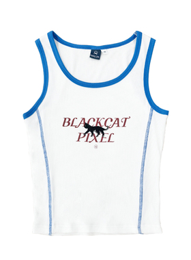 黑喵像素 夏季蓝白拼色印花吊带背心女宽松薄款