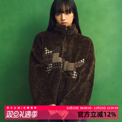 黑喵像素 跳跃猫格纹棕咖色仿羊羔绒宽松外套防风保暖加厚男女冬