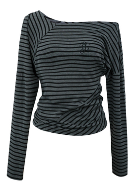 黑喵像素 黑灰条纹不规则斜肩长袖打底修身bm风宽松通勤休闲女