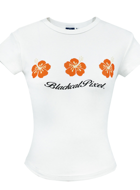 黑喵像素 白色扶桑花短袖t圆领短袖t恤修身显瘦正肩休闲上衣女