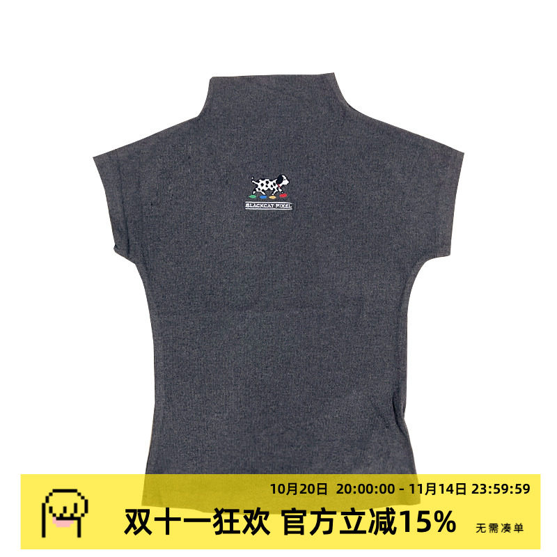 黑喵像素 夏季斑点狗冰丝针织短袖t恤背心女半高领宽松显瘦薄款