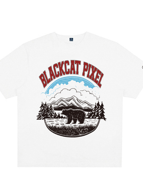 黑喵像素 夏季美式森林熊印花宽大纯棉短袖T恤圆领宽松休闲男女