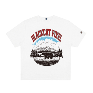 黑喵像素 夏季美式森林熊印花宽大纯棉短袖T恤圆领宽松休闲男女