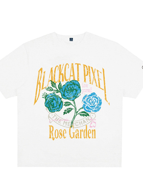 黑喵像素 BlueRose玫瑰印花美式夏日短袖T恤圆领宽松休闲男女情侣