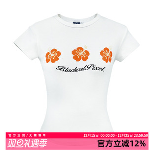 黑喵像素 白色扶桑花短袖t圆领短袖t恤修身显瘦正肩休闲上衣女