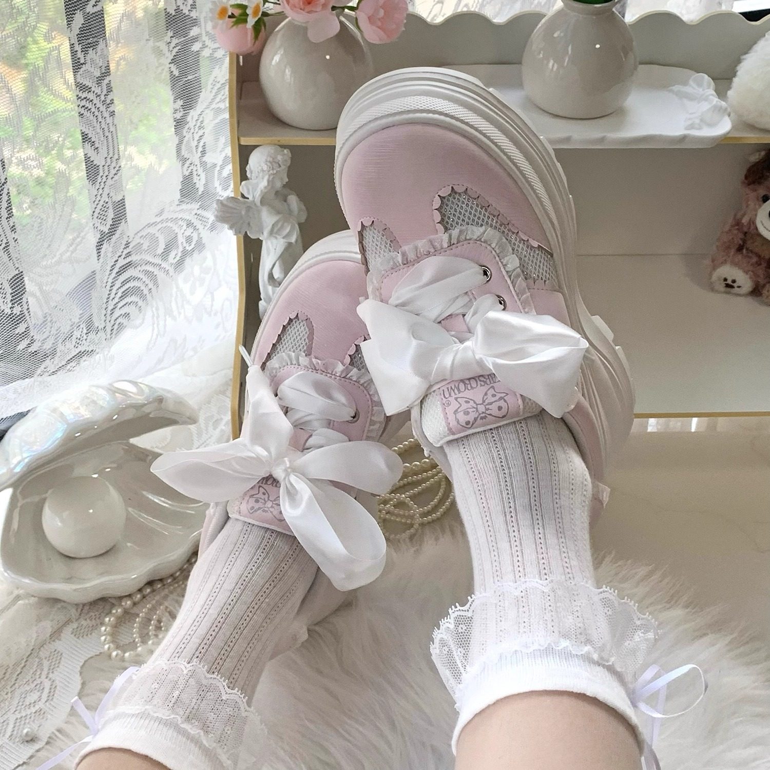 芙蕾跑跑 lolita鞋松糕鞋地蕾量产系可爱蕾丝花边蝴蝶结增高暴走