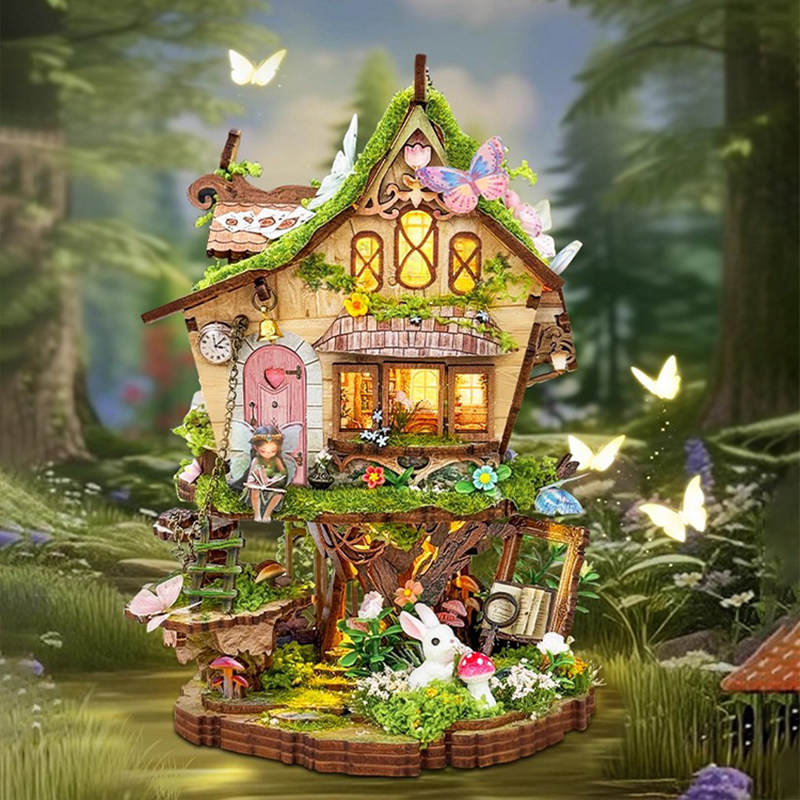 手工DIY小屋罗温的树屋拼装模型带灯光迷你木制建筑玩具摆件礼物