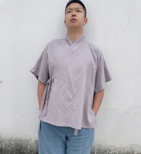 原创明制交领横卧领男亚麻水洗宽松舒适半臂交领短袖现货休闲汉服