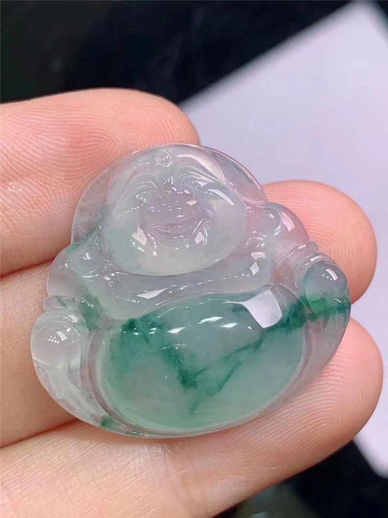 缅甸天然翡翠a货冰糯种飘绿笑佛挂件 老坑冰润高冰种飘花佛公吊坠